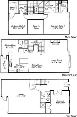 Floor plan for 3 beds, 3 baths, 1649 sqft